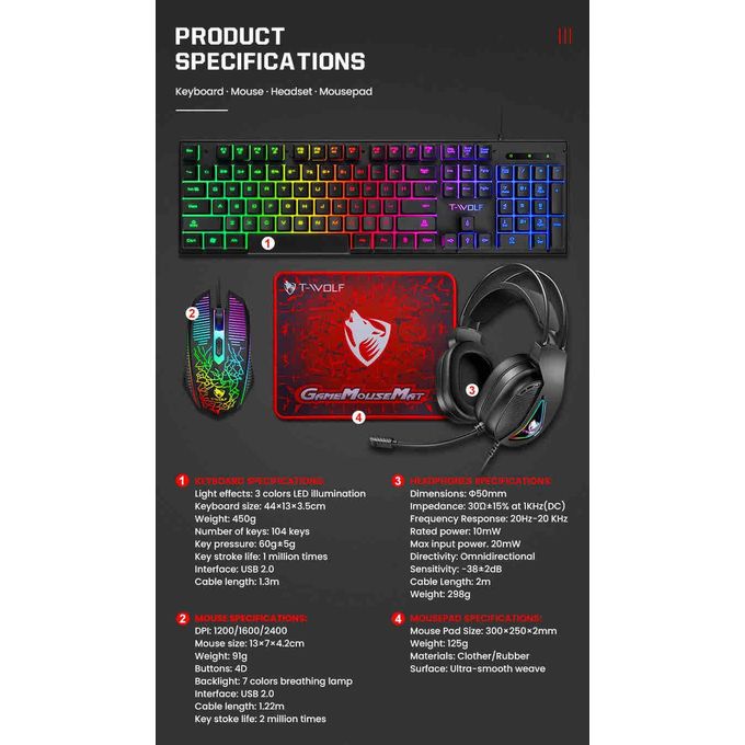 4 In 1 SET Computer USB Wired Keyboard Mouse Set Gaming Headphone Mouse Pad Mouse And Keyboard Combos - Hover